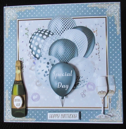 Birthday Iron Blue Balloons 7x7ins Decoupage Topper  by Davina Rundle