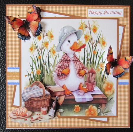 Duck on a picnic with flowers and butterfly 7x7 by Davina Rundle