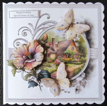 Flower, butterfly and cottage 7x7 by Davina Rundle