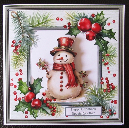 Snowman and holly 7x7 by Davina Rundle