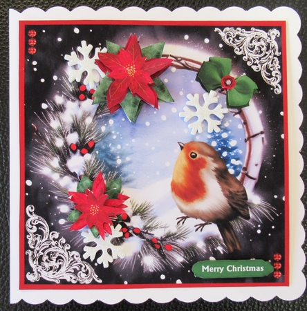Poinsettia Wreath Christmas Robin Decoupage Card Mini Kit 7x7 by Davina Rundle