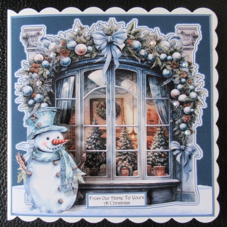 Snowman and baubles,  at window 7x7 card, insert and shaped gift tags by Davina Rundle
