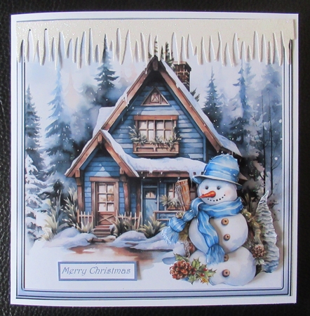 A blue Christmas 7x7 card, sentiment tiles and decoupage, insert, blank tiles and gift tags by Davina Rundle
