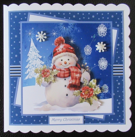 Snowman with flowers 7x7, sentiment tiles,decoupage, insert and shaped card topper by Davina Rundle