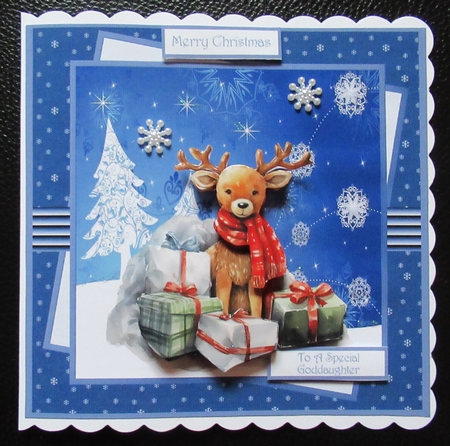Reindeer and gifts 7x7 card, decoupage, sentiment tiles, insert and decoupage by Davina Rundle