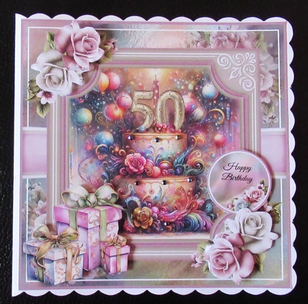 50th Birthday Cake Card Front With Decoupage by Davina Rundle