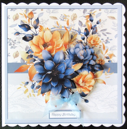 Blue and yellow flowers 7x7 card, sentiment tiles, decoupage, insert and toppers by Davina Rundle