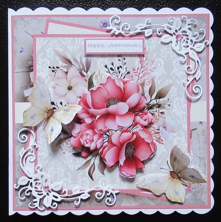 Pink flowers 7x7 card with sentiment tiles, decoupage, insert and toppers by Davina Rundle