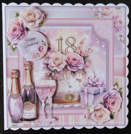 Floral 18th Birthday Cake Card Front With Decoupage  by Davina Rundle