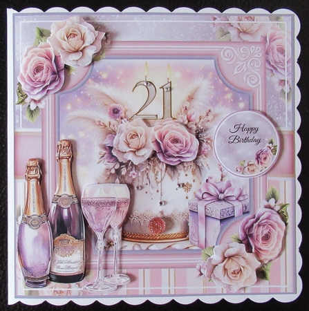 Floral 21st Birthday Cake Card Front With Decoupage  by Davina Rundle