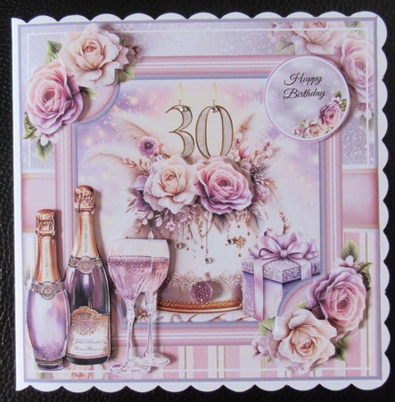 Floral 30th Birthday Cake Card Front With Decoupage  by Davina Rundle
