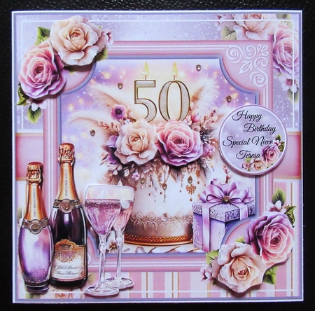 Floral 50th Birthday Cake Card Front With Decoupage  by Davina Rundle