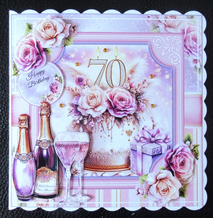 Floral 70th Birthday Cake Card Front With Decoupage  by Davina Rundle
