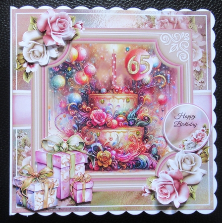 65yrs Birthday Cake Card Front With Decoupage by Davina Rundle