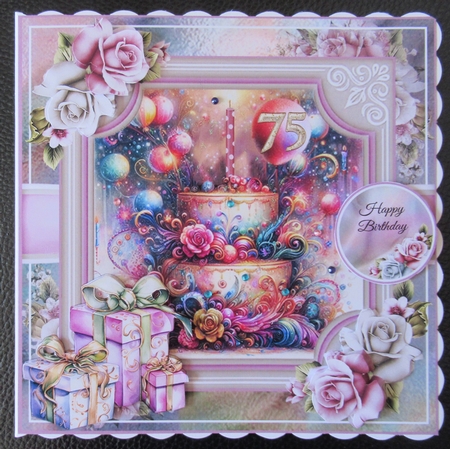 75yrs Birthday Cake Card Front With Decoupage by Davina Rundle