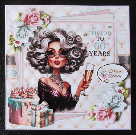 Cheers To 60 Years Card Front With Decoupage  by Davina Rundle
