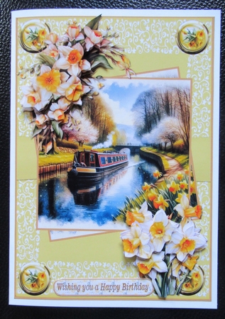 Narrowboat and Daffodils A5 by Davina Rundle