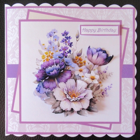 Lilac flowers 7x7 with sentiment tiles, decoupage, insert and toppers by Davina Rundle