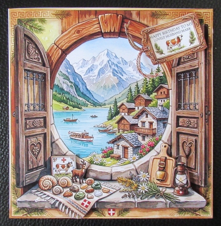 Alpine Mountain Village Window View – Birthday, Just for You & Rustic Card Topper Set by Davina Rundle