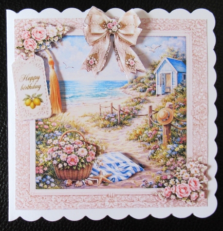 Vintage Lace Seaside Path Card Topper Sheet with Beach Hut & Floral Tags by Davina Rundle