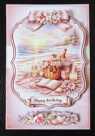 Romantic Sunset Beach Picnic Card Topper with Lanterns, Flowers and Seashell Embellishments by Davina Rundle