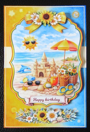 Sunny Beach Sandcastle Card Topper with Dolphin, Flowers and Summer Embellishments by Davina Rundle