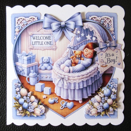 Baby Boy Bassinet Card Front – Blue Newborn Printable with Sentiment Labels by Davina Rundle