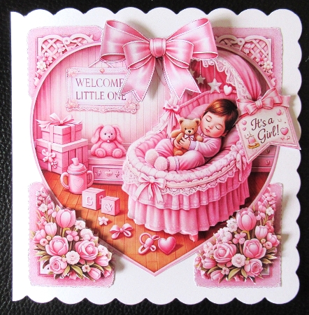 Baby Girl Bassinet Card Front – Pink Newborn Printable with Sentiment Labels by Davina Rundle