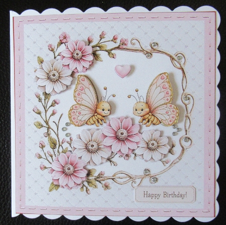 Cute Pink Butterflies with Floral Border Pastel Card Front by Davina Rundle