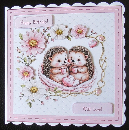 Cute Hedgehog Couple in Pink Nest Floral Card Front by Davina Rundle