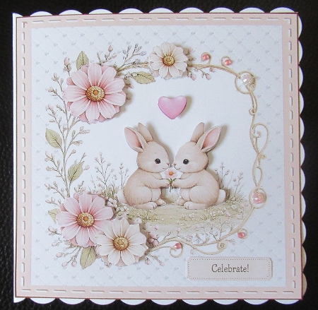 Cute Rabbit Couple with Flower Gift Pastel Floral Card Front by Davina Rundle