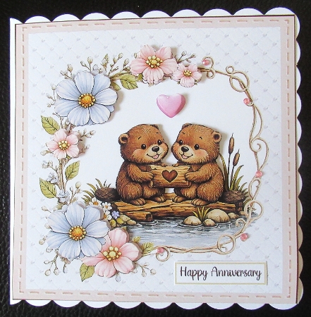 Cute Beaver Couple on Raft with Floral Frame Card Front by Davina Rundle