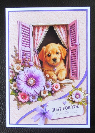 Lavender Window Puppy Just For You Card Topper by Davina Rundle