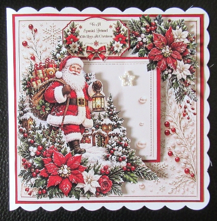 Traditional Santa & Red Poinsettias – Classic Christmas Card Topper by Davina Rundle