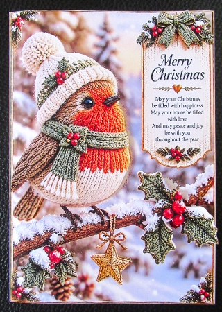 Knitted Christmas Robin A4 Portrait Card Topper by Davina Rundle