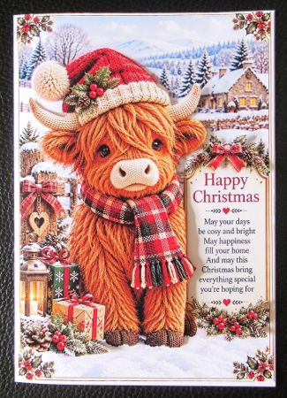 Knitted Cute Christmas Highland Cow A4 Portrait Christmas Card Topper by Davina Rundle