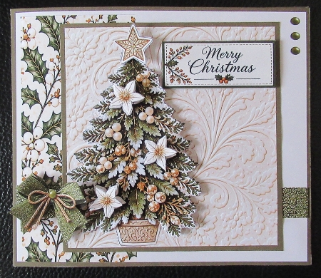 Elegant Vintage Christmas Tree Card Kit with Ivory Poinsettias and Sage Green Accents by Davina Rundle