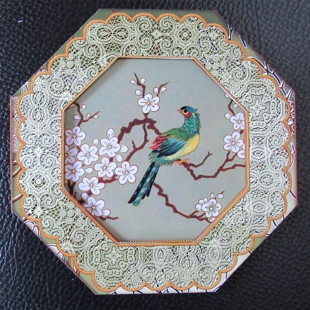 Oriental Green Bird Octagon Lace Card Base Shaker Frame by Davina Rundle