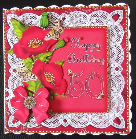 Red Poppy 50 Birthday Lace Decoupage Sheet by Davina Rundle