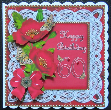 Red Poppy 60 Birthday Lace Decoupage Sheet by Davina Rundle