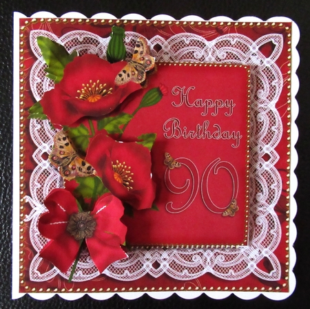 Red Poppy 90 Birthday Lace Decoupage Sheet by Davina Rundle