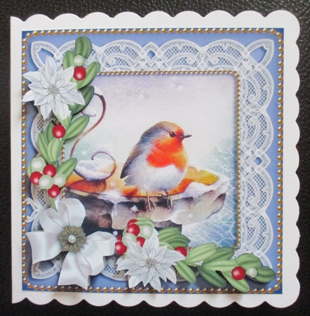 Christmas Robin White Poinsettia Decoupage Sheet by Davina Rundle