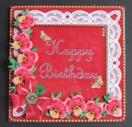 Red Pansy Lace Happy Birthday Decoupage Step by Step Sheet by Davina Rundle