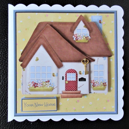 New Home Card Front with Decoupage and Sentiment Tags by Davina Rundle
