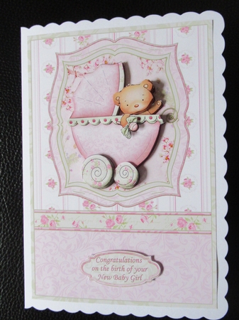New Baby Girl Bear Pram Shabby Chic Topper & Decoupage by Davina Rundle