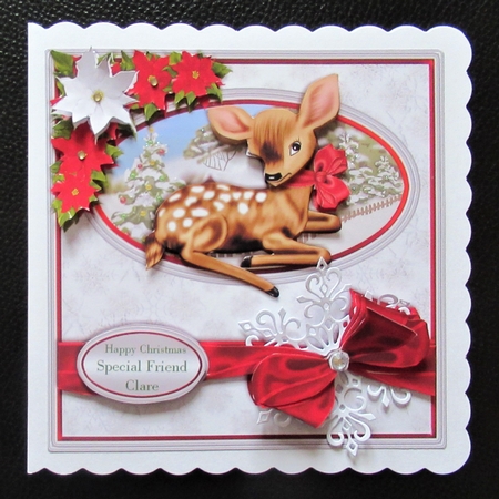 Christmas Deer Silver and Red Card Front by Davina Rundle