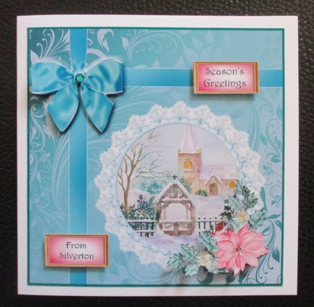 8x8 Church in Snow with Bow and Poinsettia Decoupage by Davina Rundle