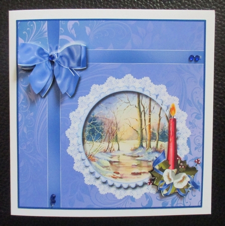 8x8 Forest Stream in Winter with Candle and Bow Decoupage by Davina Rundle