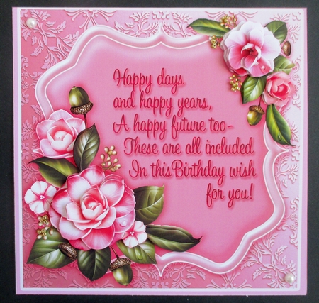 Pink Camellias Birthday 8in x 8in Decoupage by Davina Rundle