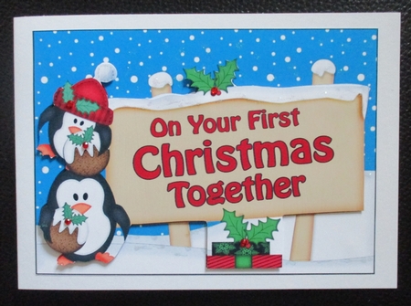 1st Xmas Together Penguins Signpost 5x7 Easicut Decoupage by Davina Rundle